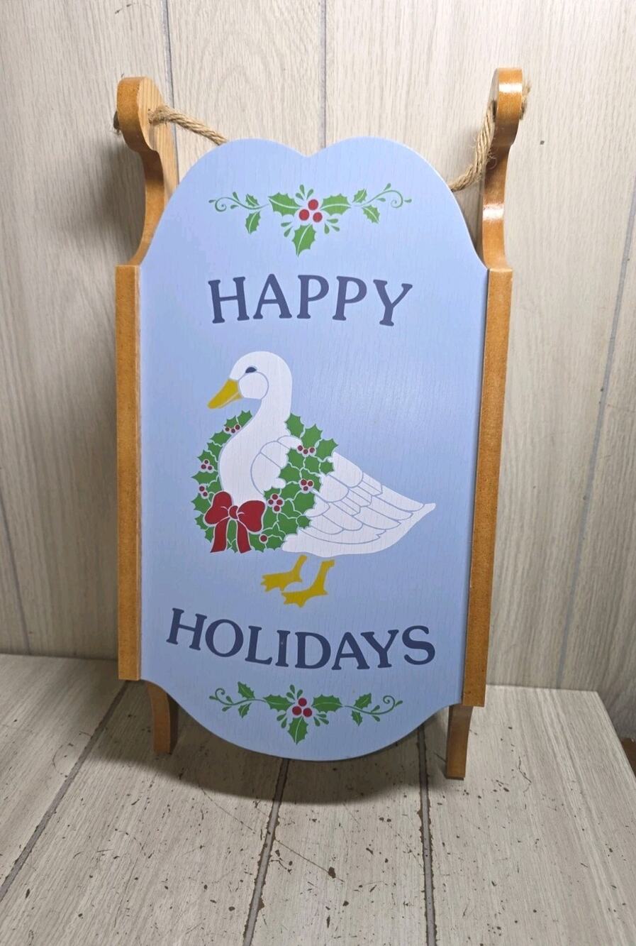 Vtg Happy Holidays Christmas Goose Sled Reversible Knick Knack Shelf Duck NIB